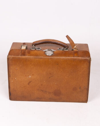 Vintage Brown Leather Vanity Case with Green Interior and Metal Hardware