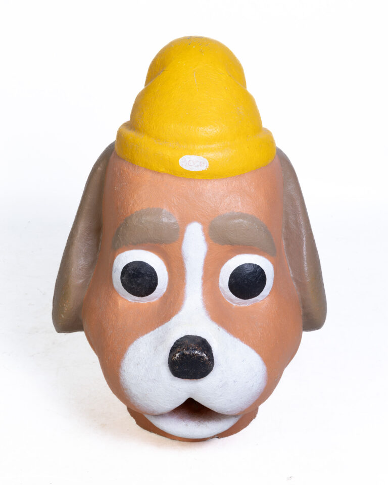 Quirky Vintage Dog Head Sculpture with Yellow Hat, Plastic Garden Decor