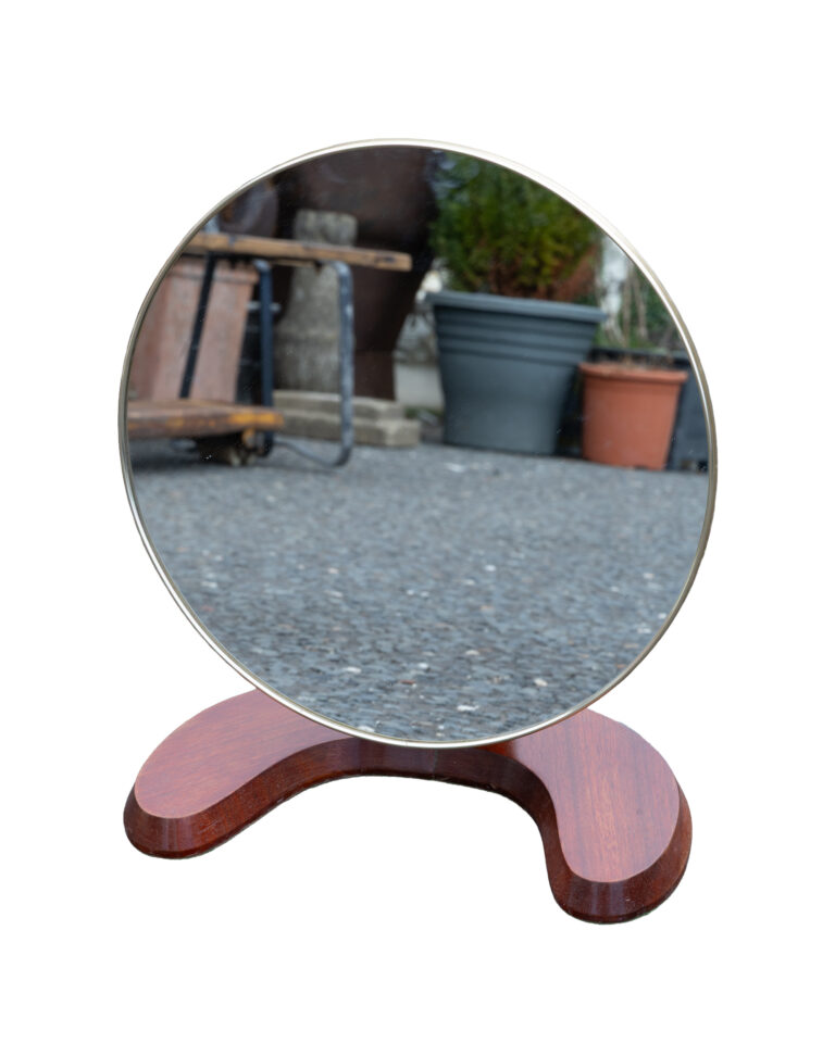 Vintage Mid-Century Round Tabletop Mirror with Dark Wood Base & Gold-Tone Trim