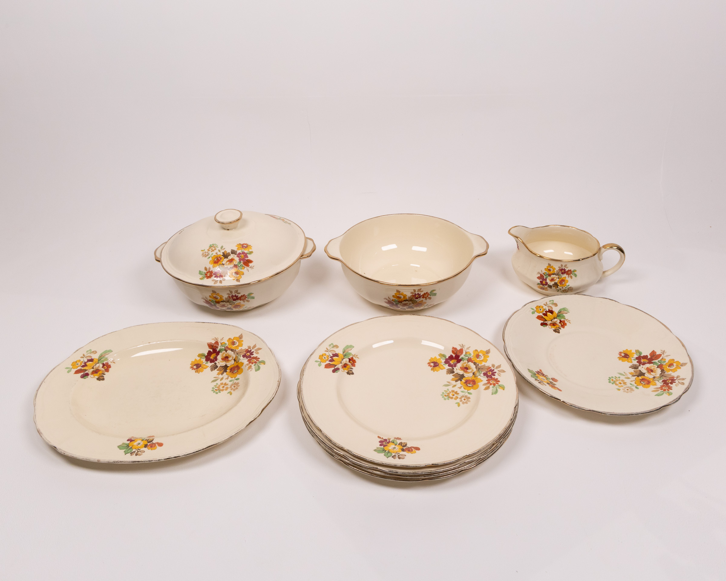 Vintage Alfred Meakin Cream Ceramic Dinnerware Set with Floral & Gold Trim