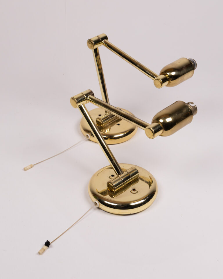 Pair of Gold Tone Metal Adjustable Arm Wall Lights with Pull Cords