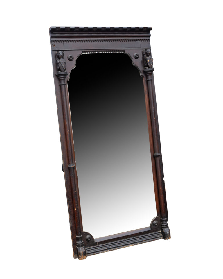 Antique Victorian Full Length Brothel Mirror with Carved Wood Frame & Pillars