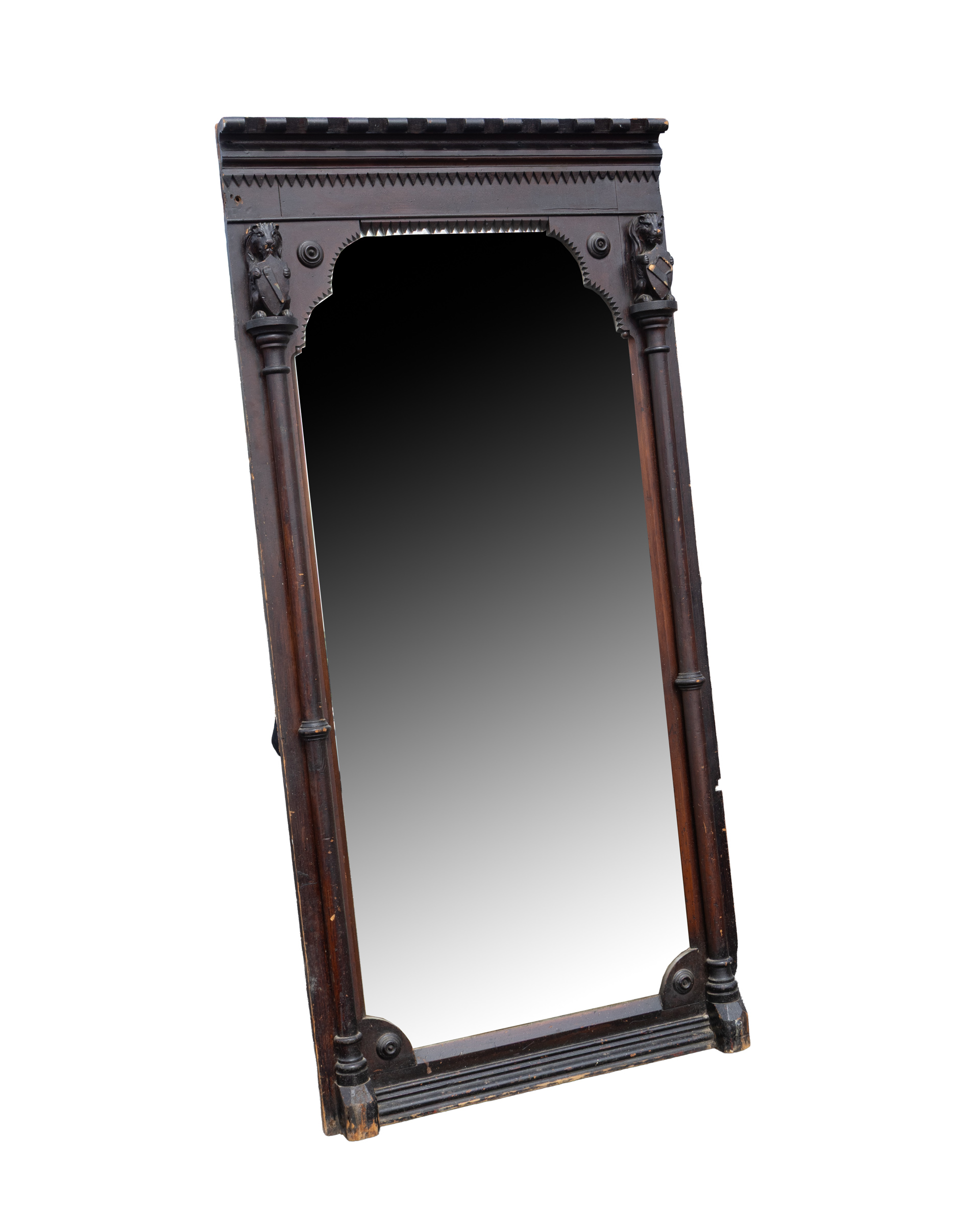 Antique Victorian Full Length Brothel Mirror with Carved Wood Frame & Pillars