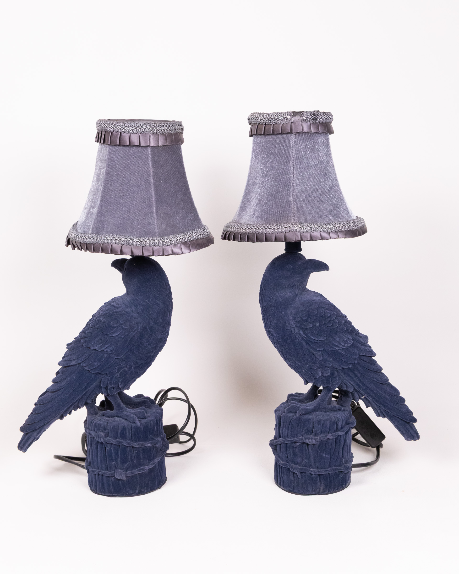 Pair Flocked Raven Table Lamps, a Set of Two Gothic Inspired Lamps
