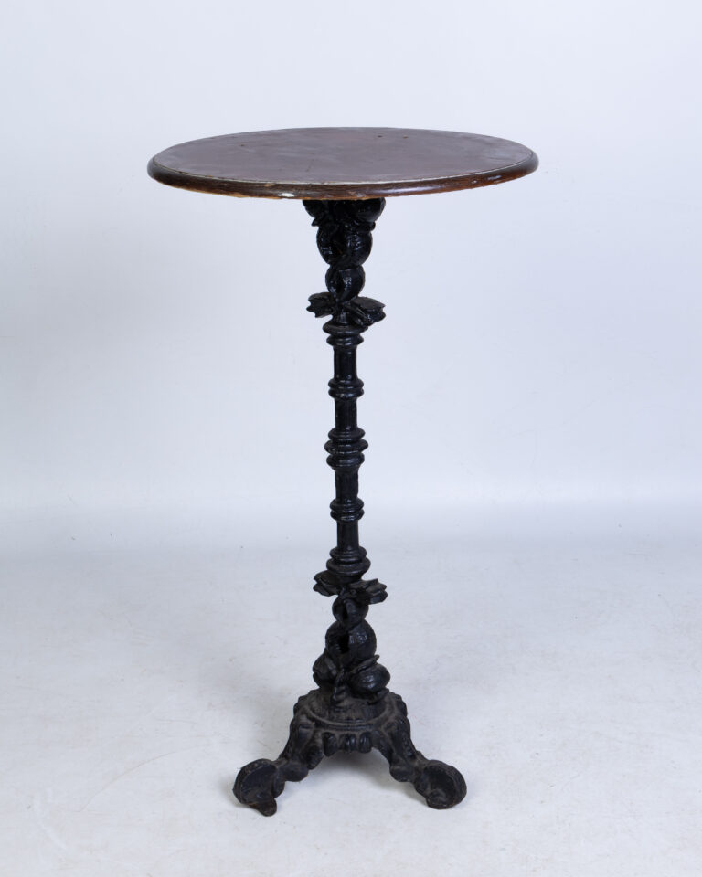 Antique Ornate Cast Iron and Wood Bar Table with Floral Details