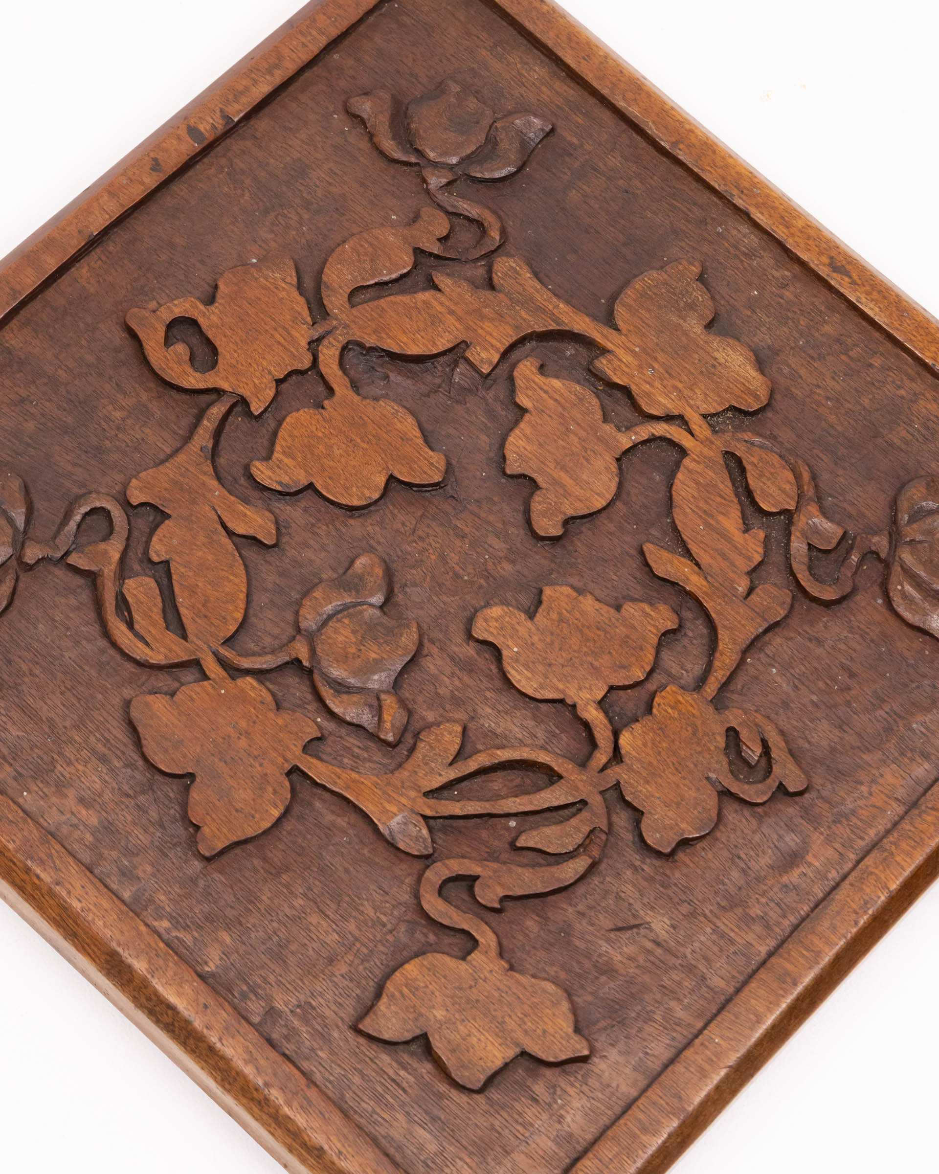 Carved Wooden Wall Plaque Square Leaf Design, Home Decor