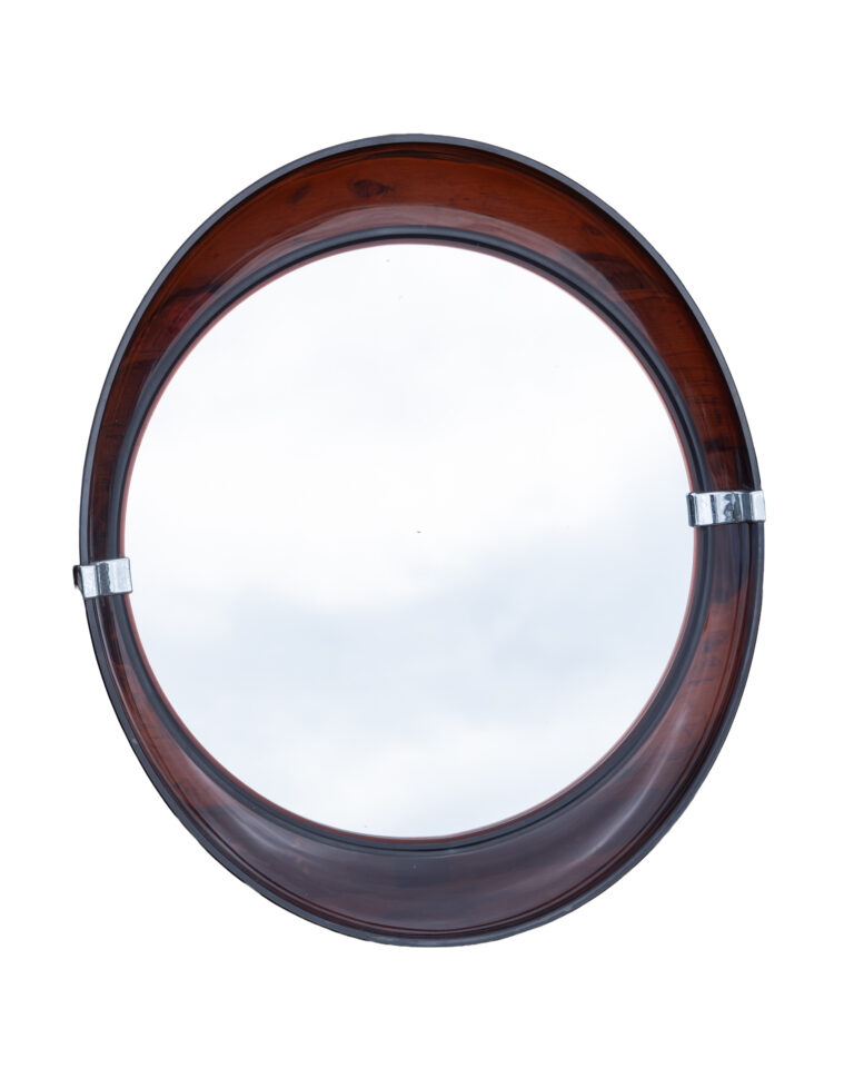 Mid-Century Deep Red Translucent Plastic Round Mirror, Silver Accents