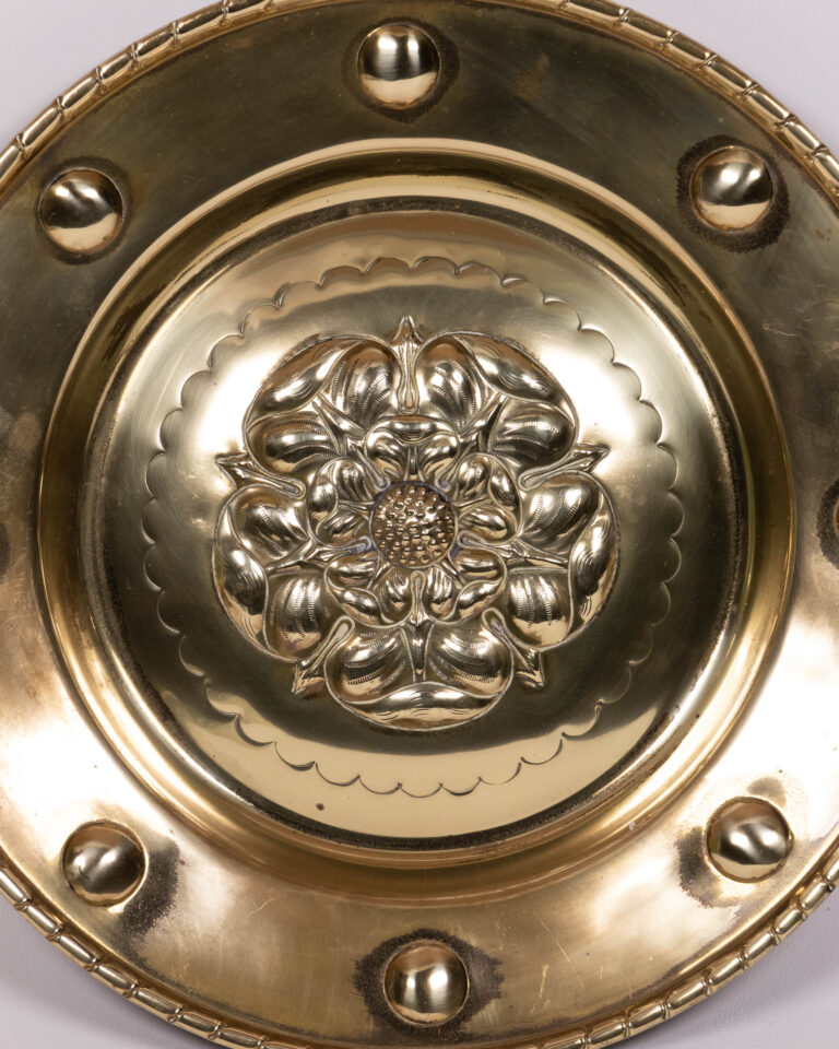Vintage Brass Decorative Plate with Embossed Floral Design, Gold Tone