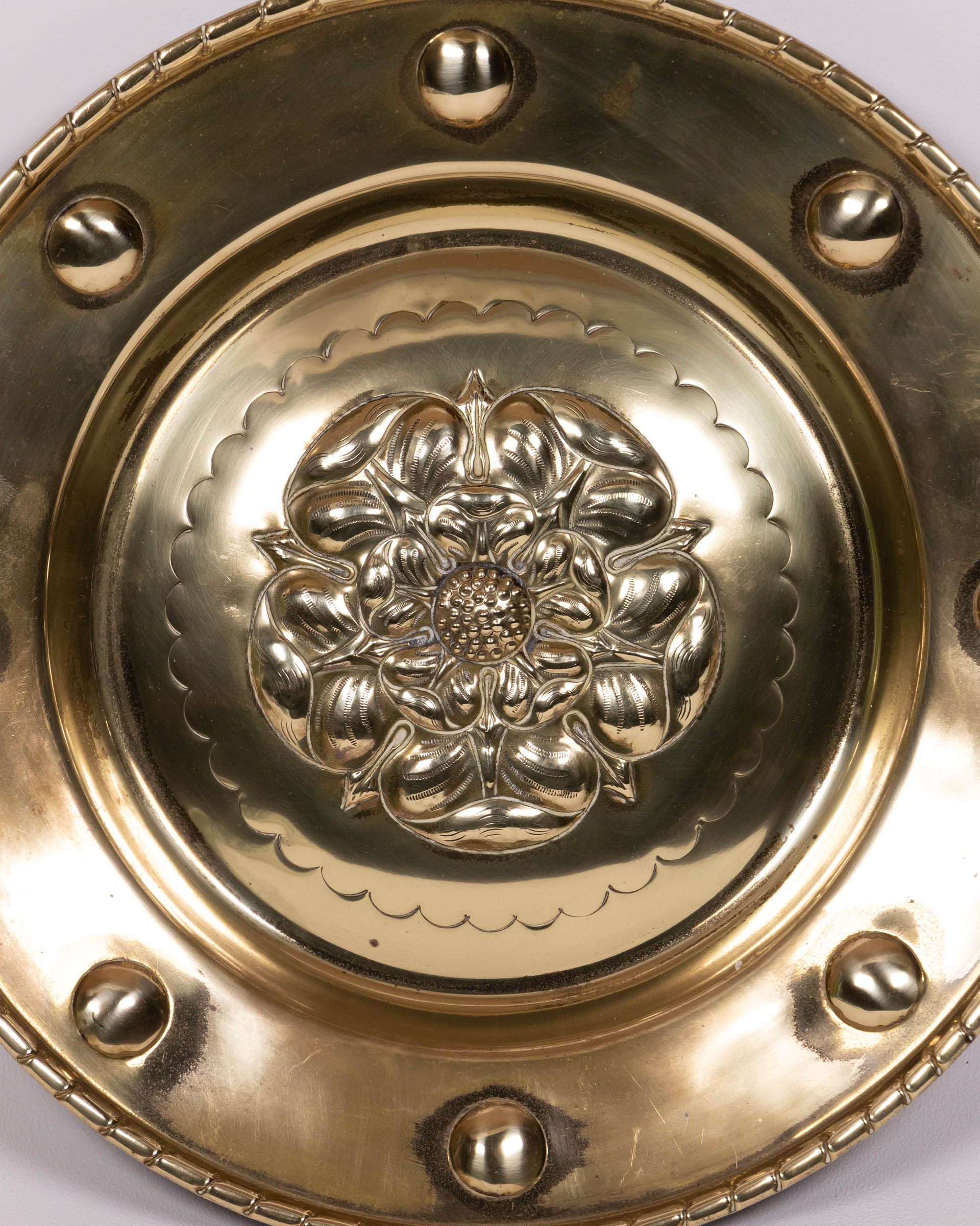 Vintage Brass Decorative Plate with Embossed Floral Design, Gold Tone