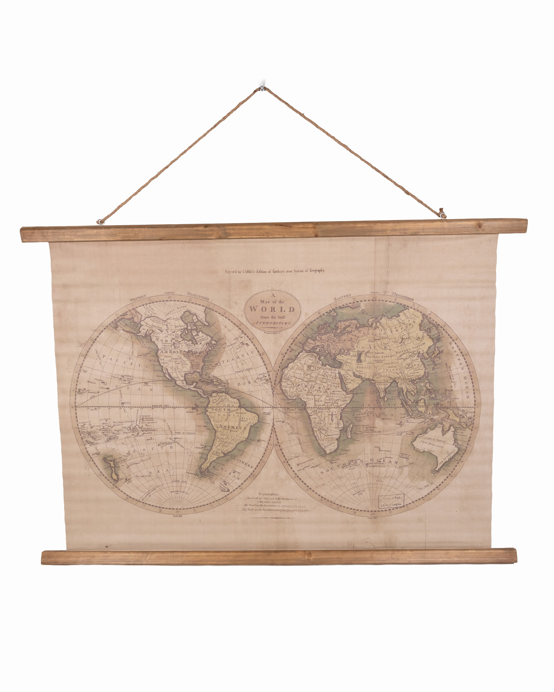 Vintage Style World Map Canvas Print with Wood Hanging Frame, Large