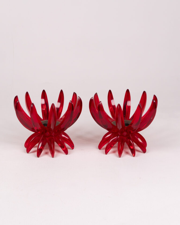 Mid Century Red Plastic Flower Candle Holders, Pair with Metal Cups