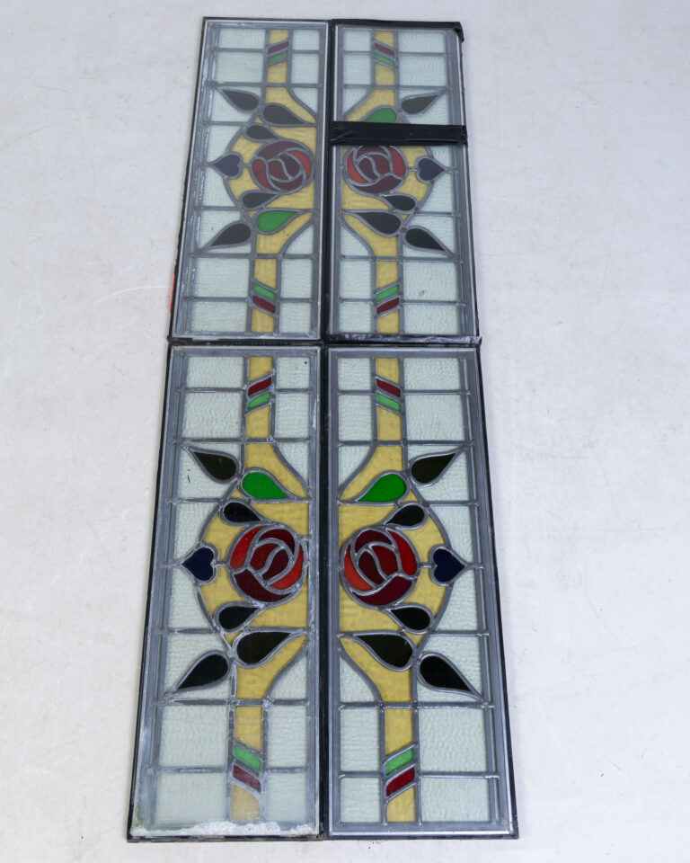 Set of 4 Salvaged Stained Glass Door Panels with Floral Design