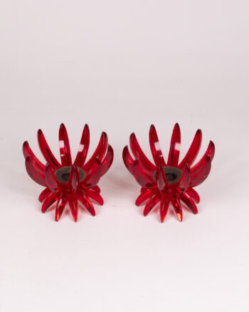 Mid Century Red Plastic Flower Candle Holders, Pair with Metal Cups