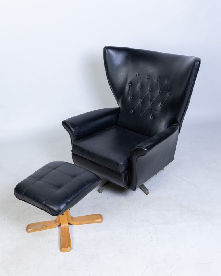 Vintage Mid-Century Modern Black Faux Leather Wingback Chair & Ottoman Set