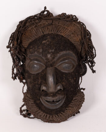 Tribal Style Carved Wooden Face Wall Mask with Fibre Hair