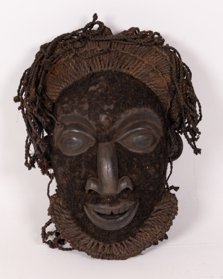 Tribal Style Carved Wooden Face Wall Mask with Fibre Hair