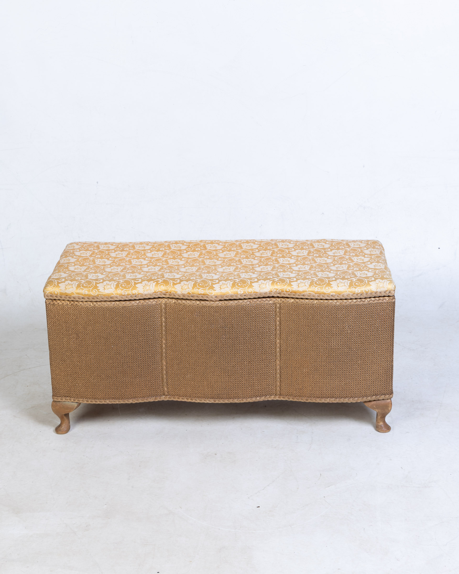 Vintage 1960s Wicker Storage Ottoman with Gold Floral Padded Lid
