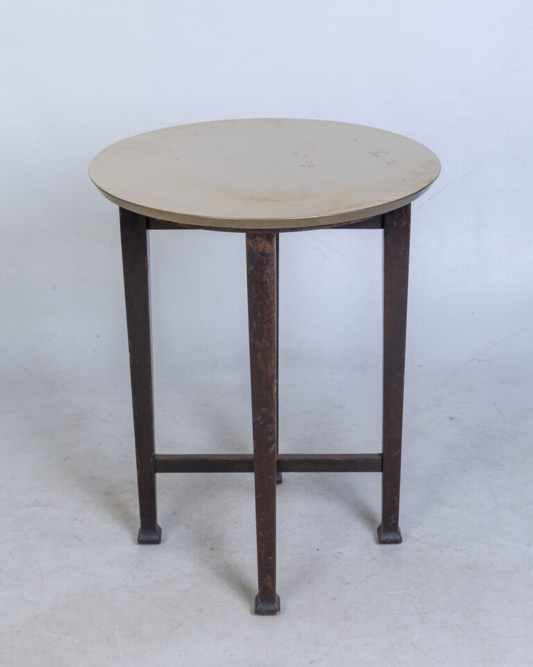 Modern Hammered Gold Metal Round Coffee Table with Dark Wood Legs