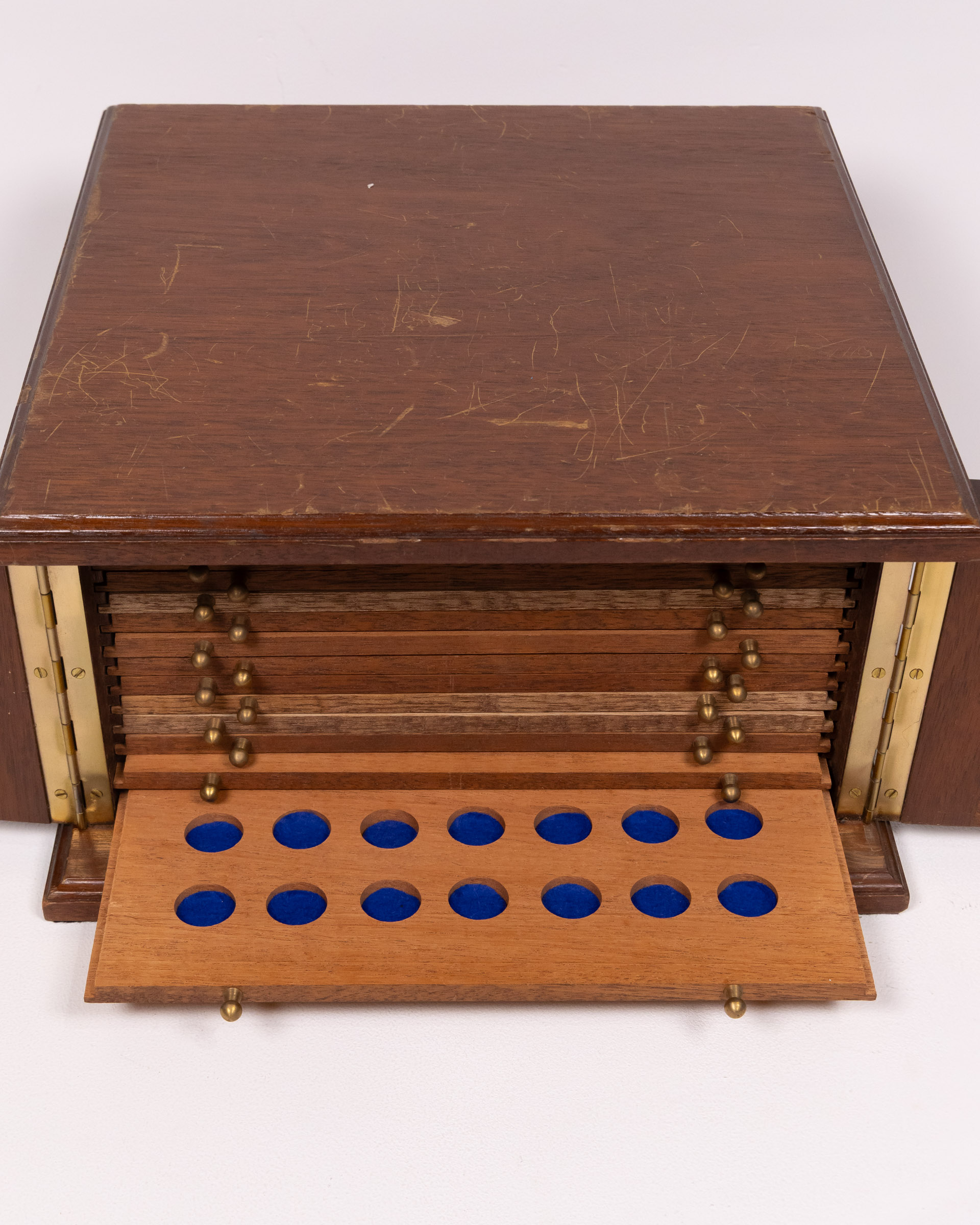 Vintage Wooden Coin Storage Box, Brass Hardware, Collectible Display Case