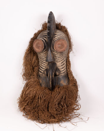 Hand Carved African Congo Tribal Face Mask With Raffia Fringe and Beard
