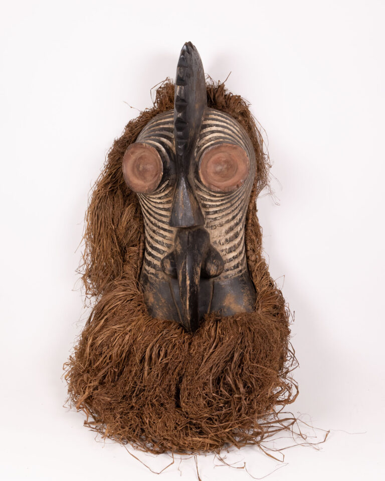 Hand Carved African Congo Tribal Face Mask With Raffia Fringe and Beard