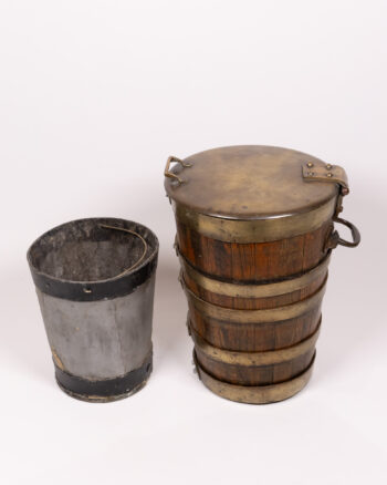 Vintage Wooden Bucket with Brass Lid Inscribed ‘P.S. Brolley 1914’
