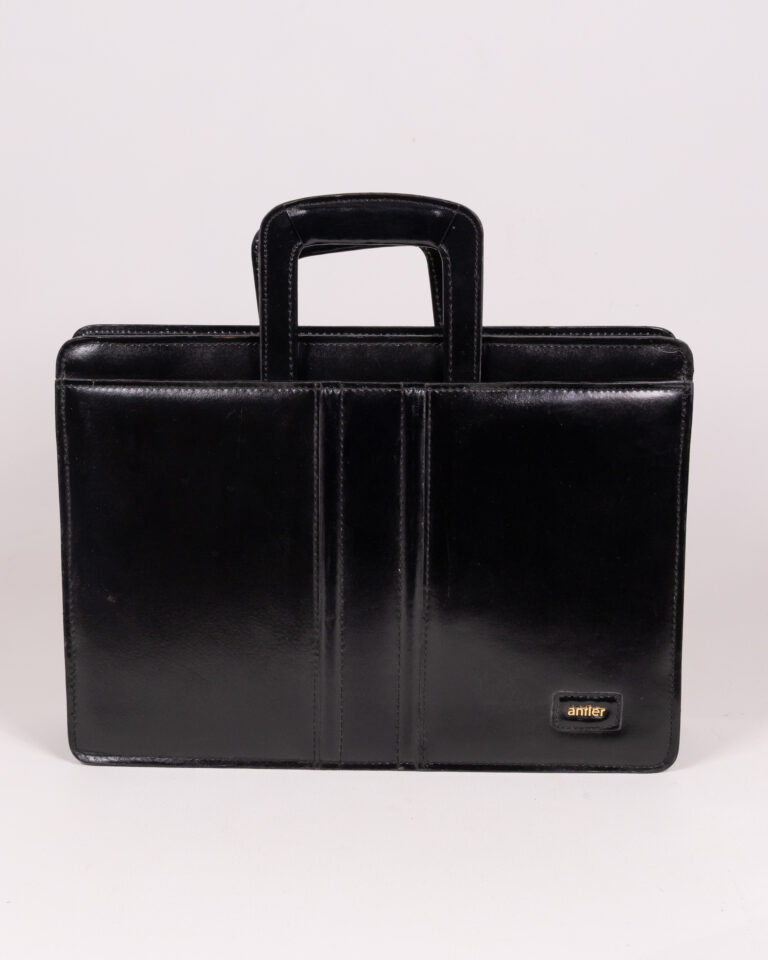 Vintage Antler Black Leather Briefcase with Gold Branding & Zip