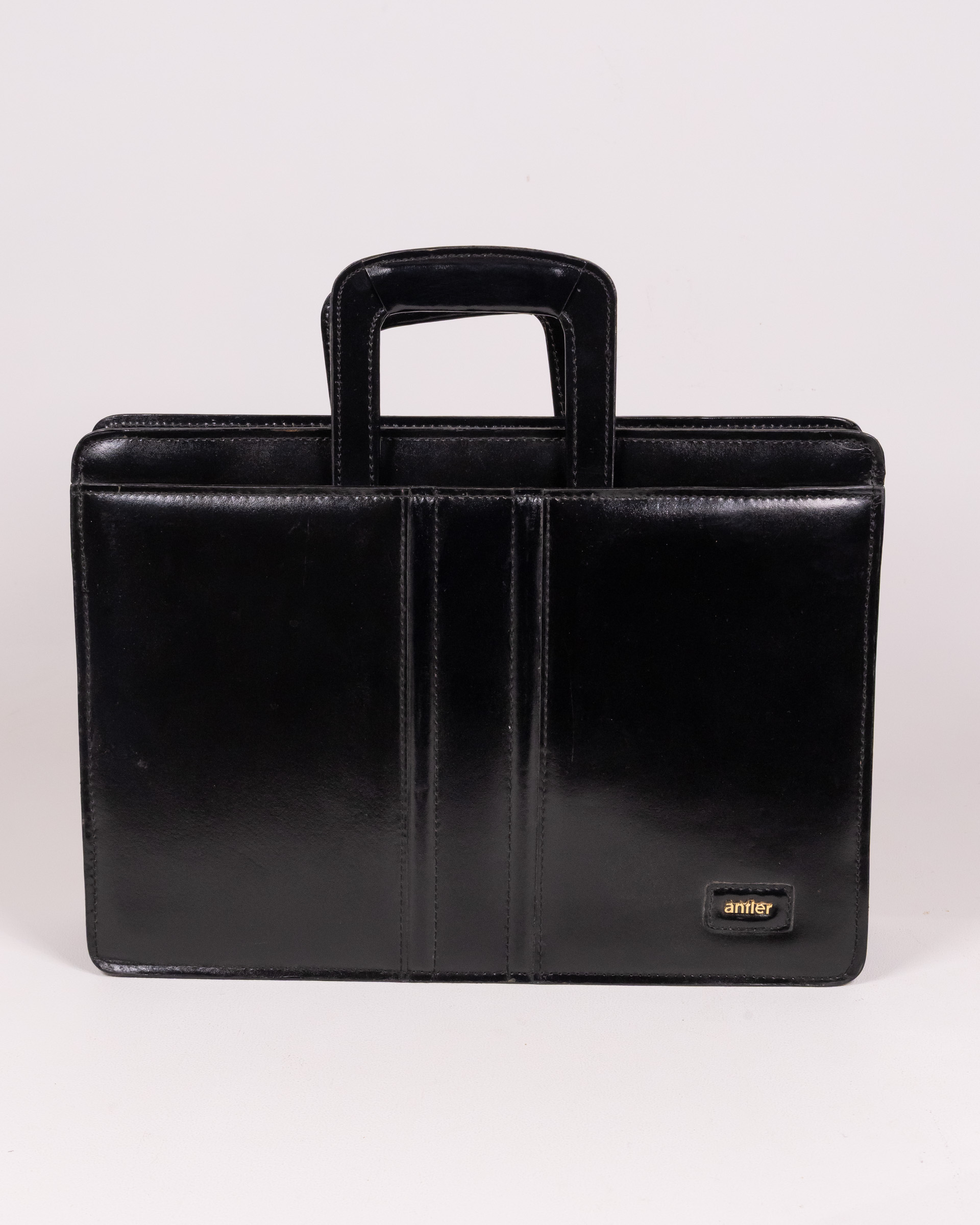 Vintage Antler Black Leather Briefcase with Gold Branding & Zip