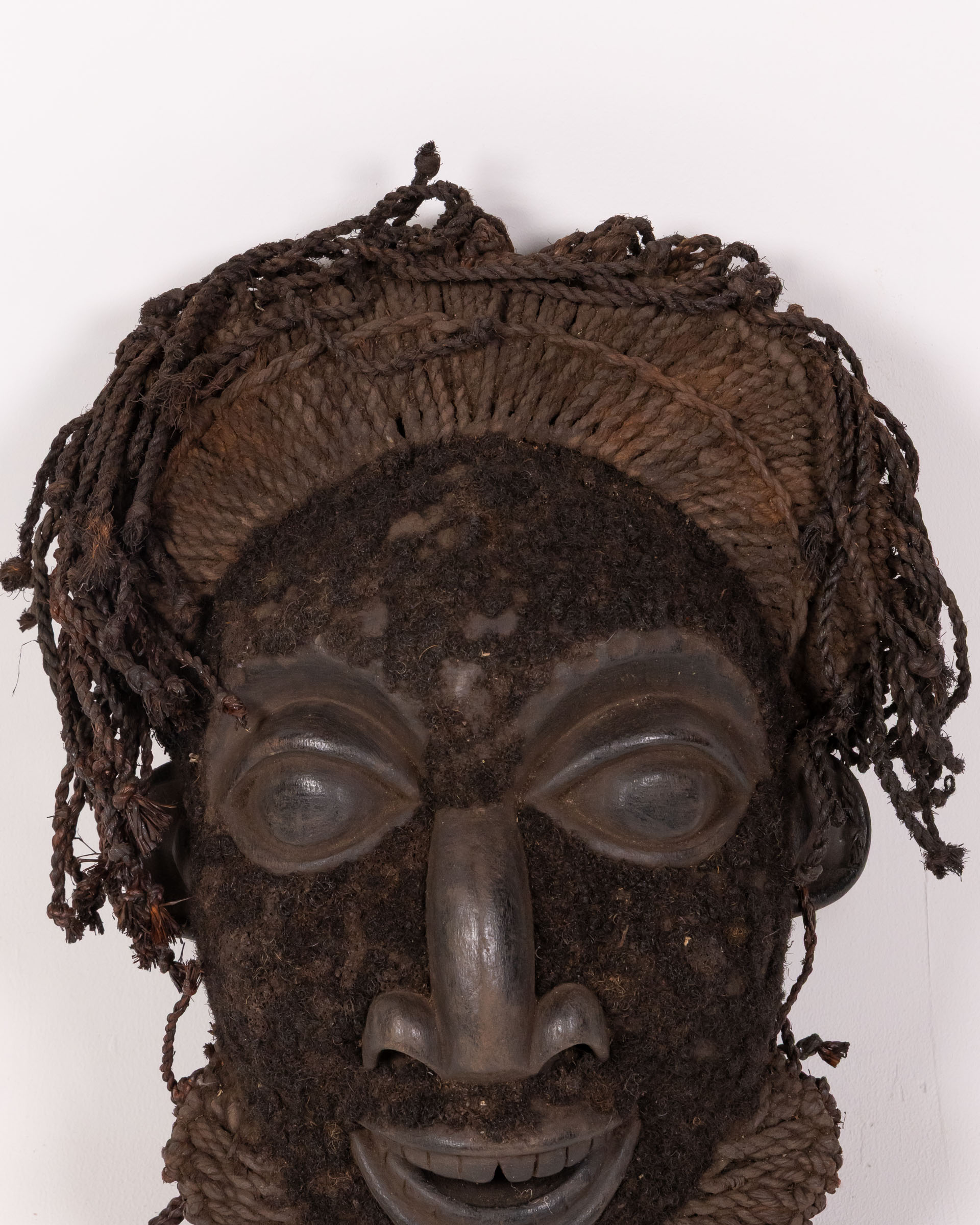 Tribal Style Carved Wooden Face Wall Mask with Fibre Hair