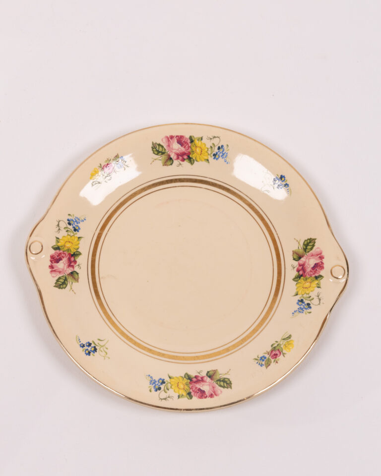 Vintage Wade England Cream Ceramic Handled Plate with Floral & Gold Trim