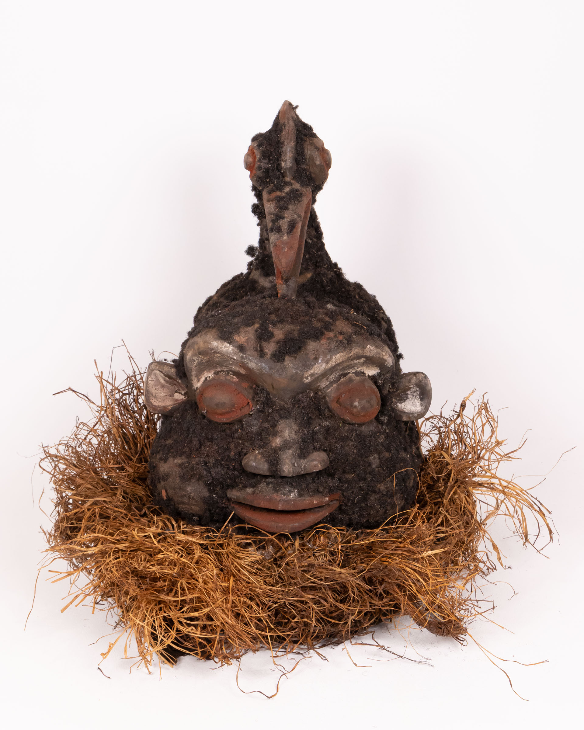 Vintage African Tribal Mask with Bird Headdress Decorative Art