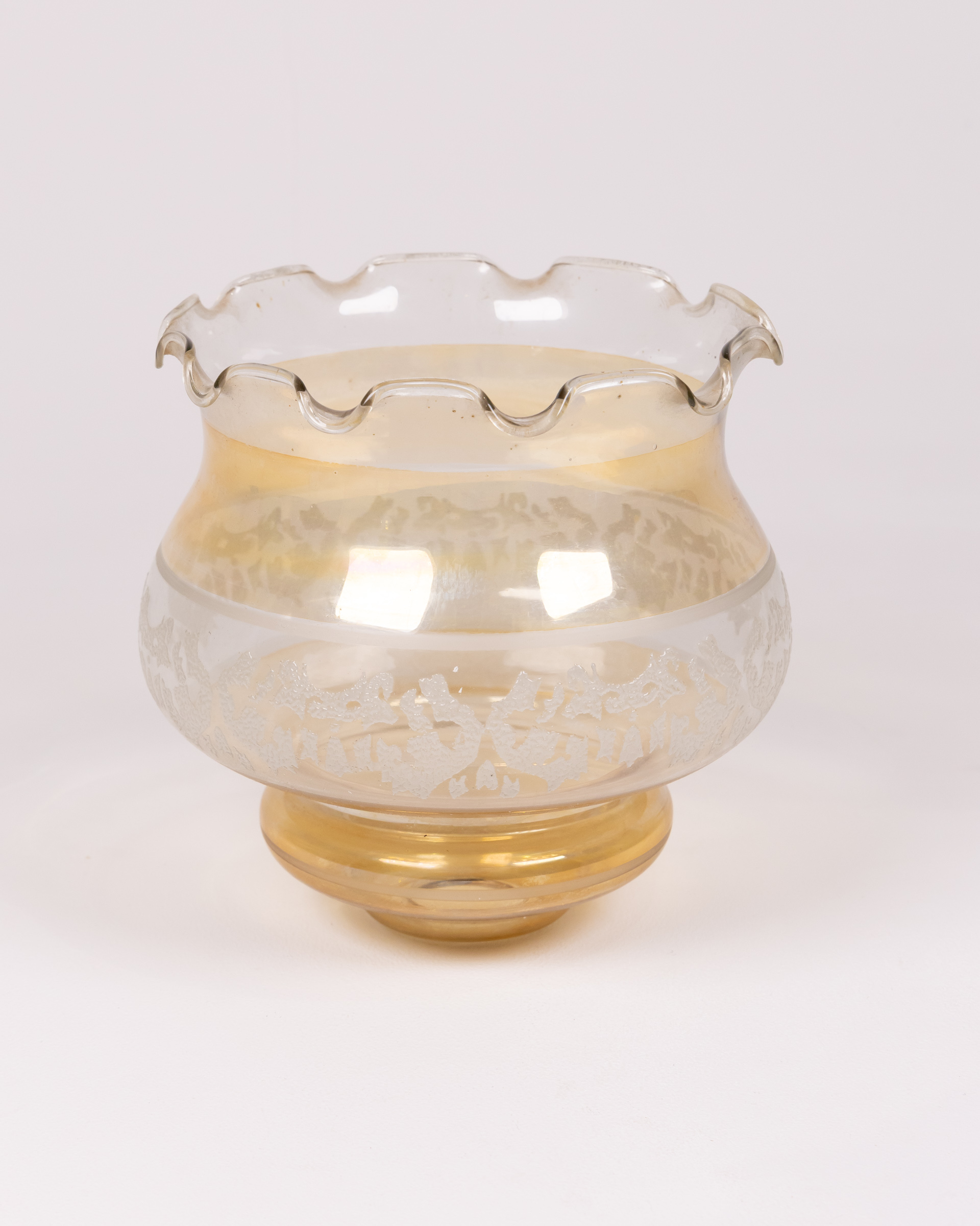 Vintage Gold Lustre Glass Vase with Ruffled Rim and Floral Etching