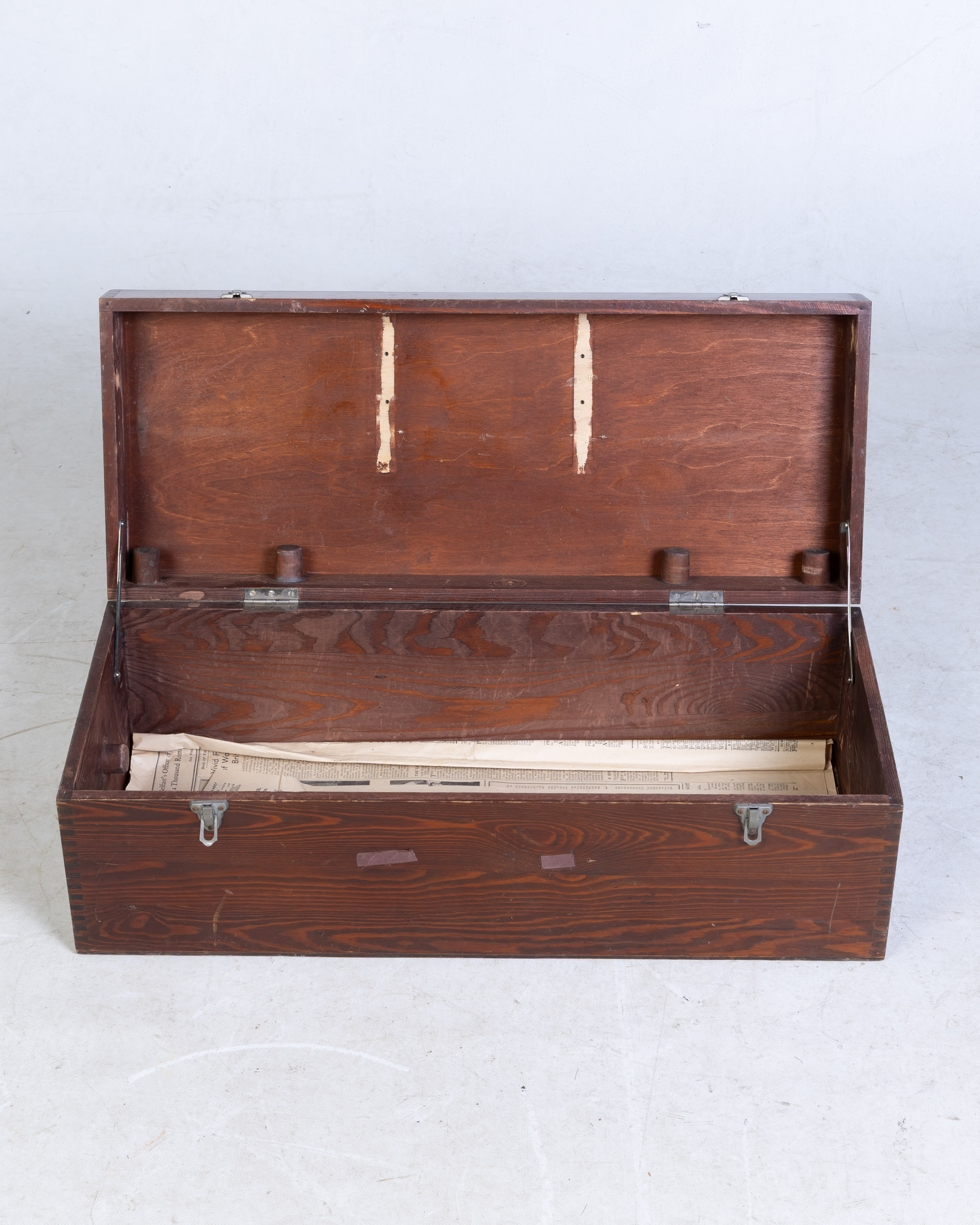 Vintage Wooden Storage Box with Metal Hardware & Hinged Lid