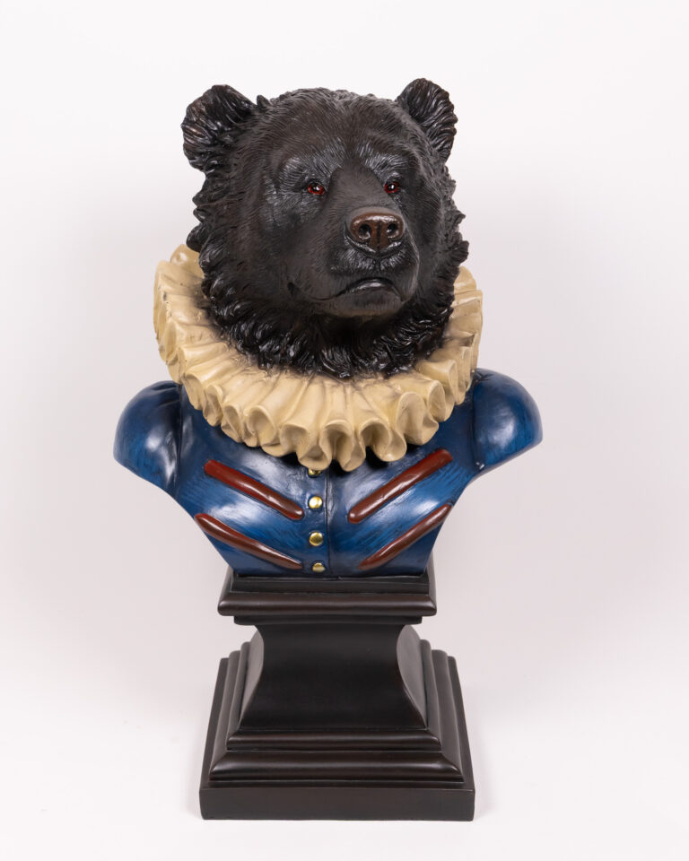 Quirky Black Bear Bust Ornament in Blue Costume with Ruffled Collar