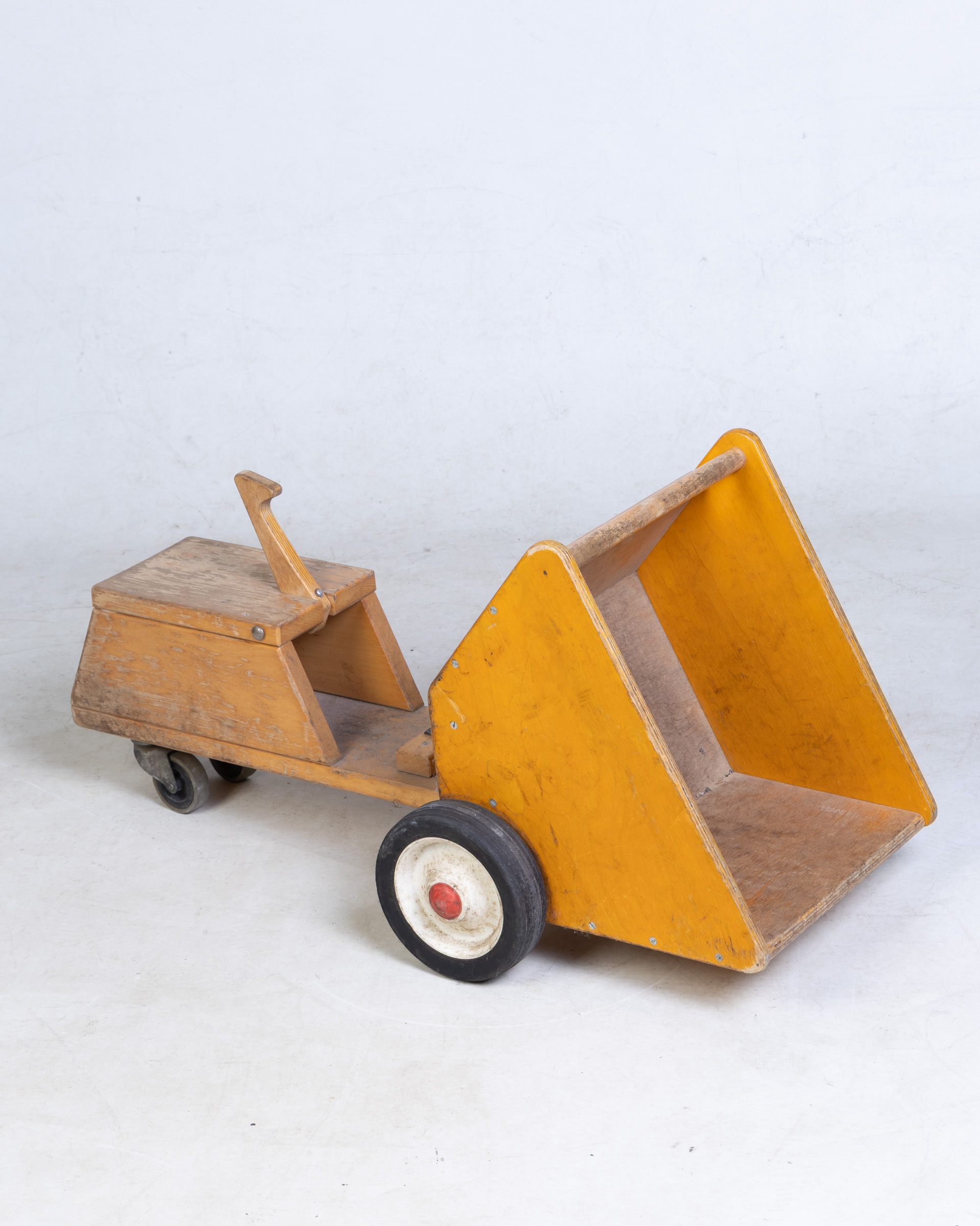 Vintage Yellow Wooden Tow Toy with Wheels and Handle