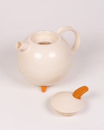 Vintage 1970s Cream Plastic Insulated Teapot with Orange Accents