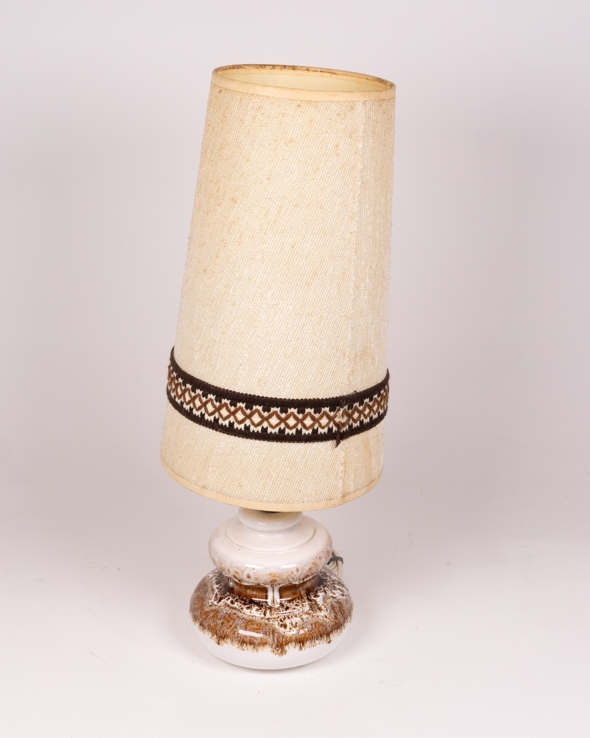 Vintage Ceramic Table Lamp with Cream Woven Shade & Brown Trim