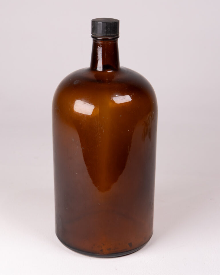 Vintage Dark Amber Glass Bottle, Number '80' Base, Black Cap