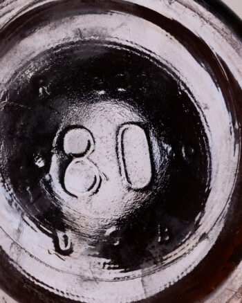 Vintage Dark Amber Glass Bottle, Number ’80’ Base, Black Cap