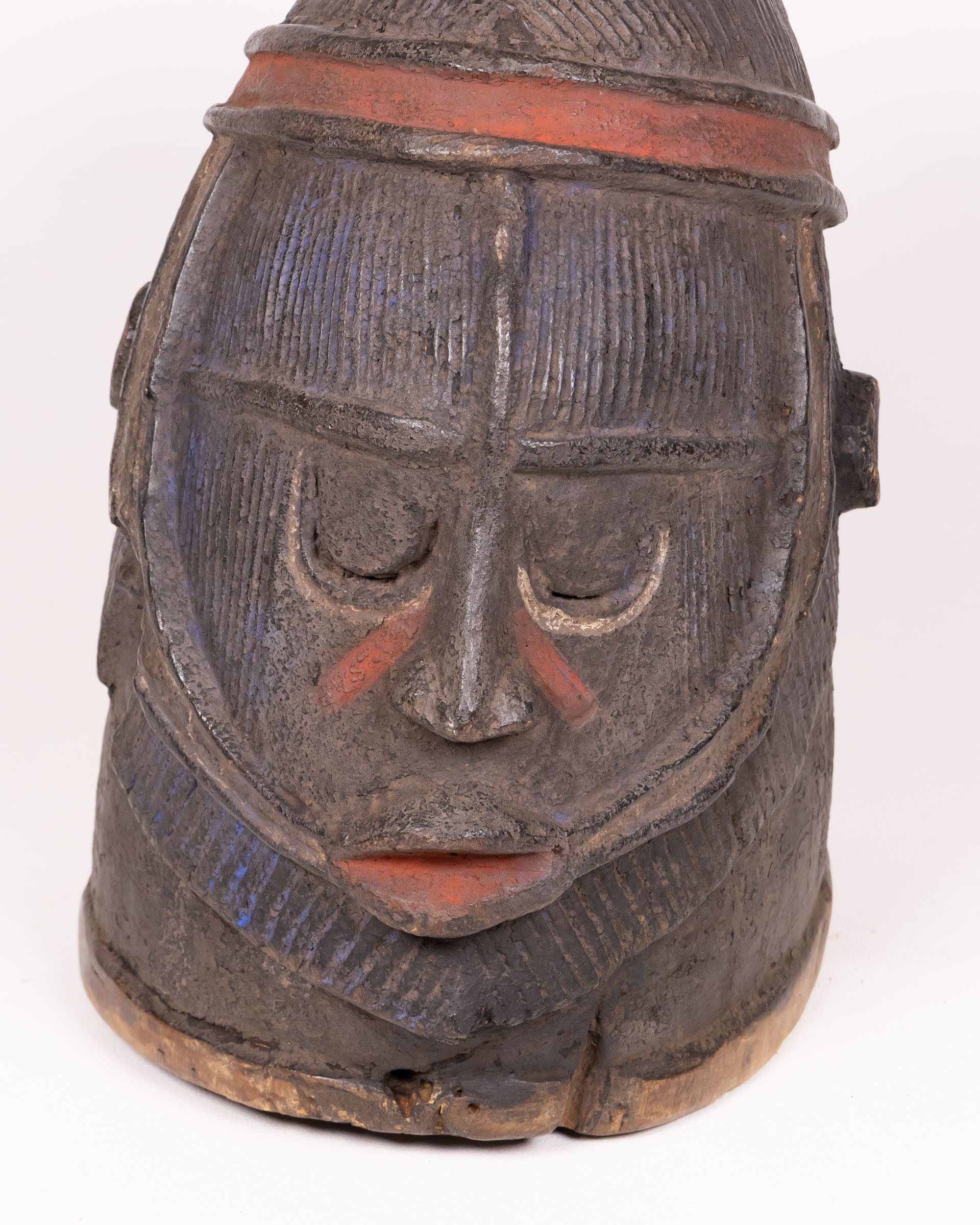 Vintage Igala Nigerian Wooden Helmet Mask with Red Accents
