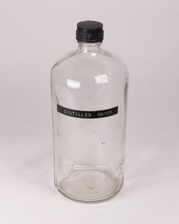 Vintage Distilled Water Bottle, Clear Glass with Black Lid, Collectible