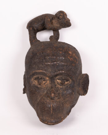 Hand-Carved Mboulu Wooden Tribal Mask with Monkey Figure