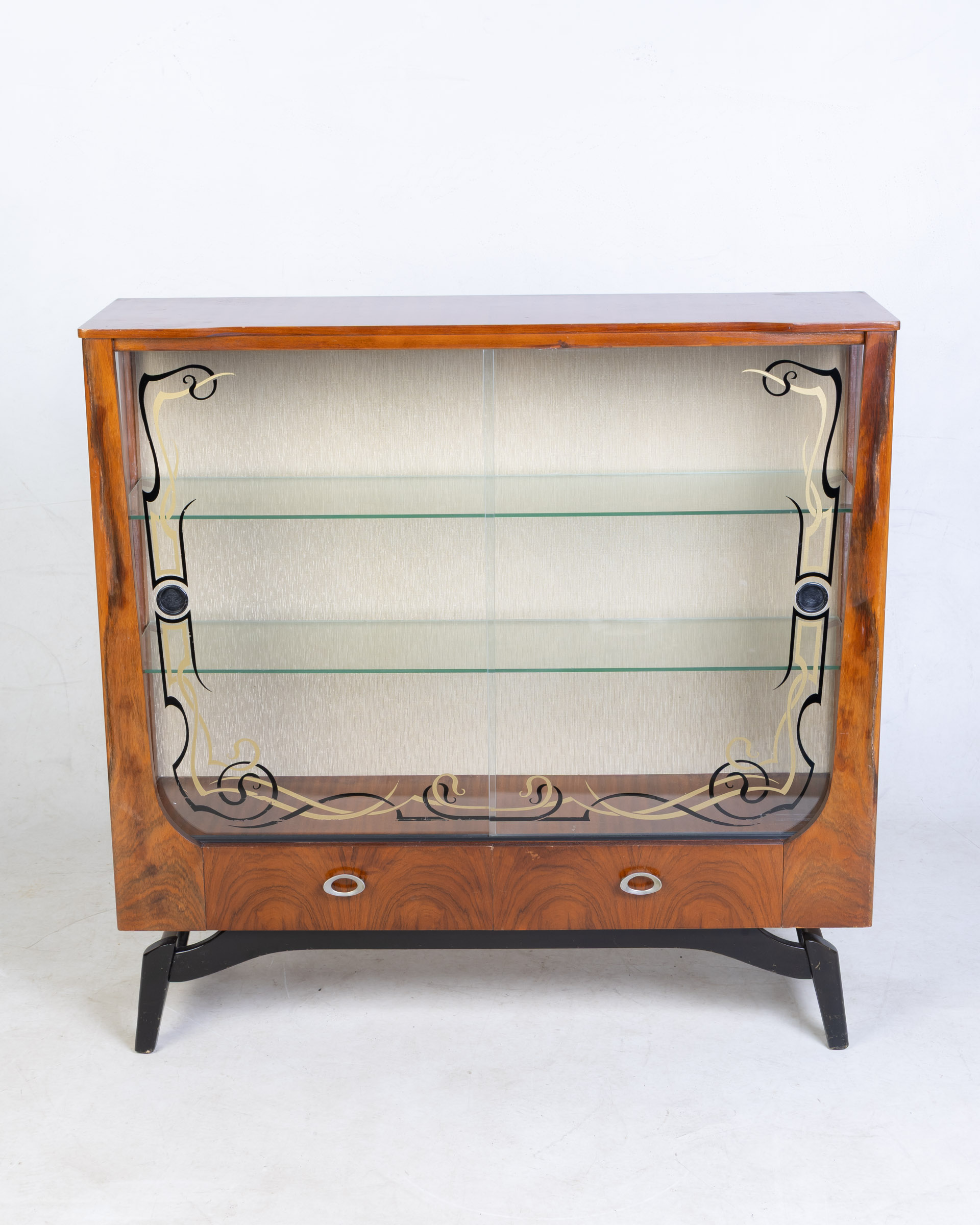 Vintage Mid-Century Display Cabinet with Art Deco Glass Doors