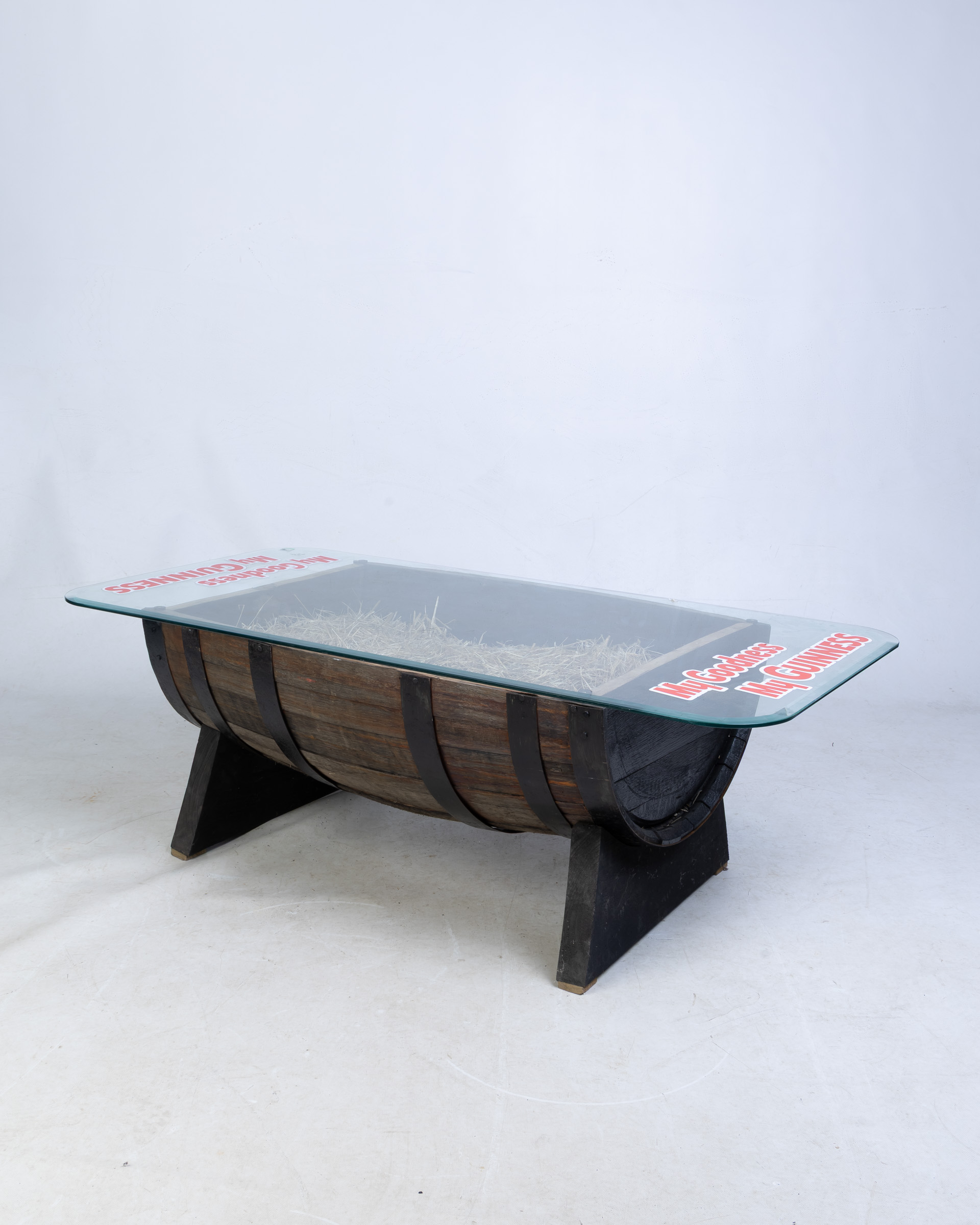Upcycled Guinness Barrel Coffee Table with Branded Glass Top