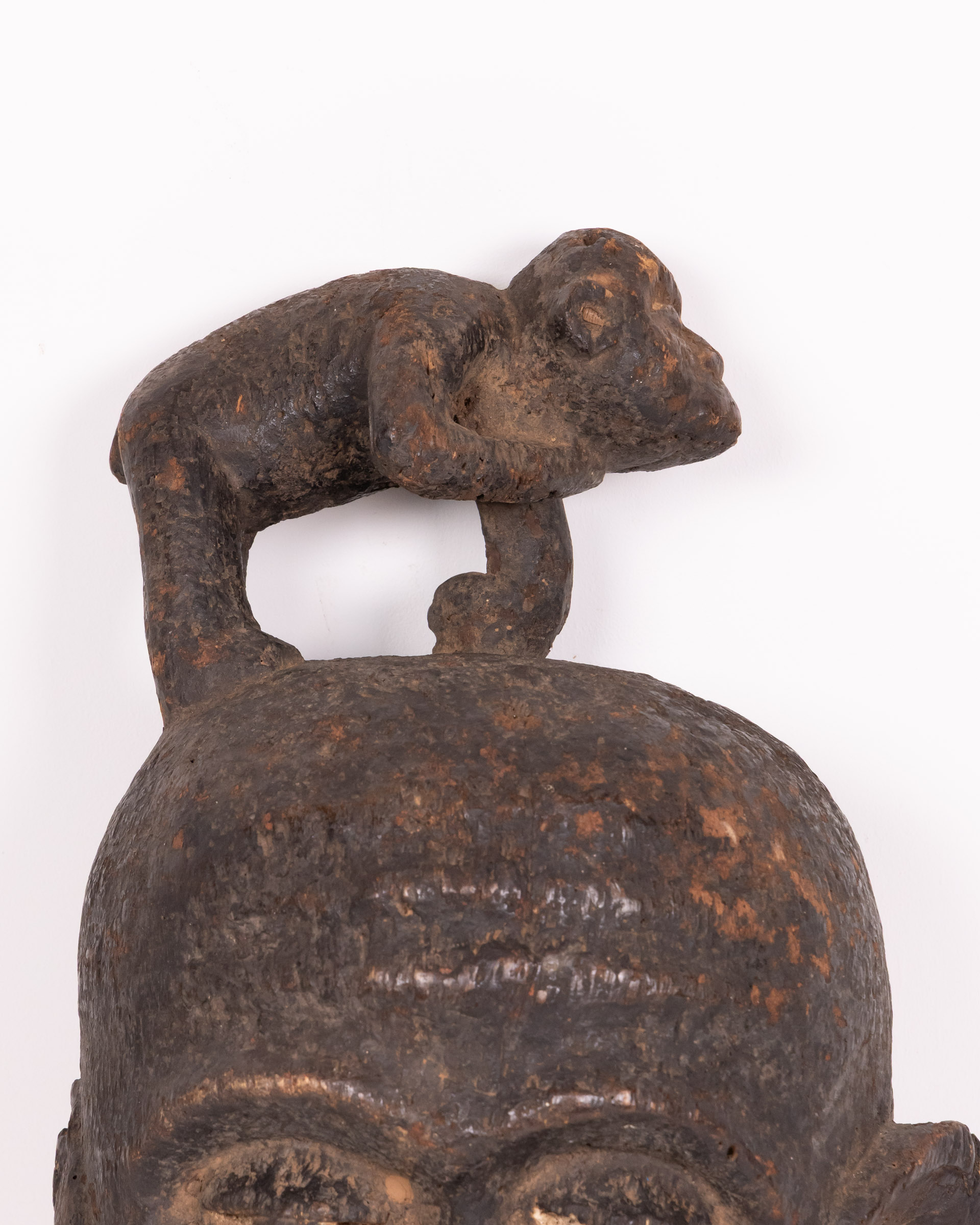 Hand-Carved Mboulu Wooden Tribal Mask with Monkey Figure – Primitive Decor