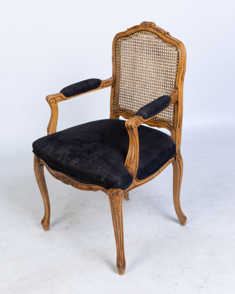 Louis XVI Style Cane Back Armchair with Black Velvet Seat