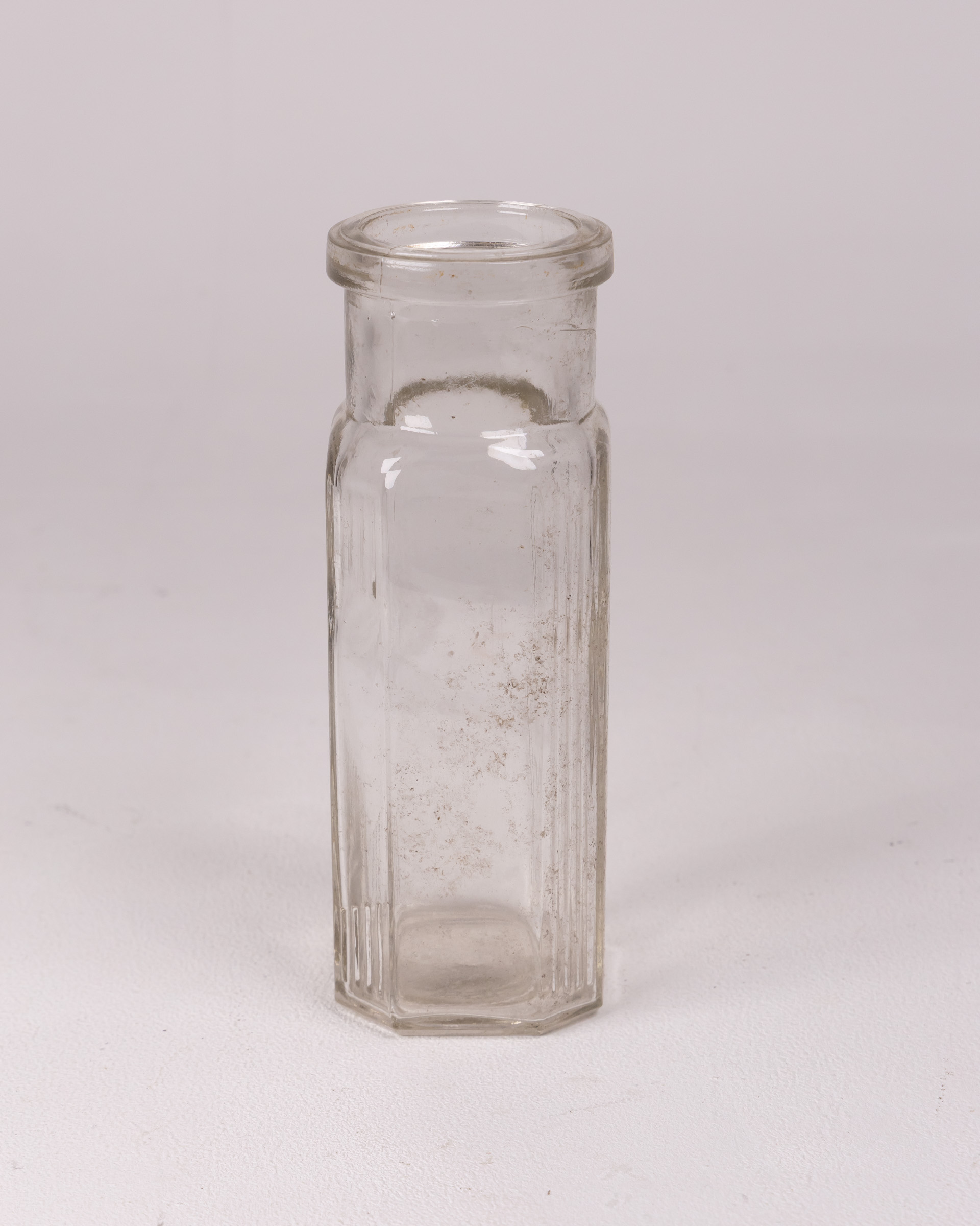 Vintage Clear Glass Octagonal Bottle, Ribbed Design, Collectible Display