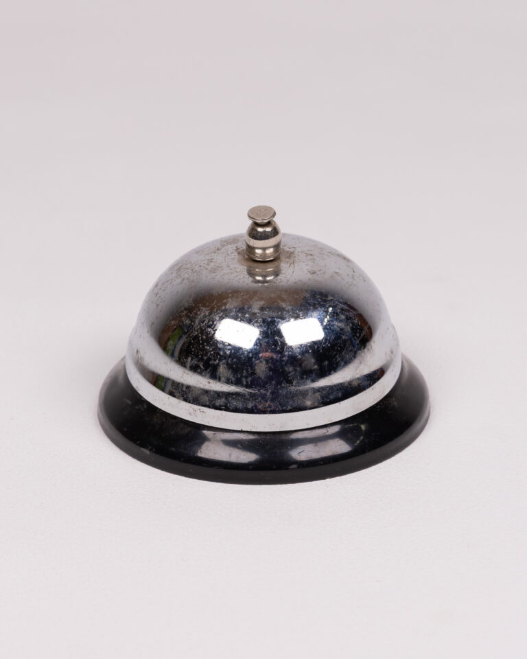 Vintage Silver Metal Desk Bell with Black Plastic Base - Service Please!