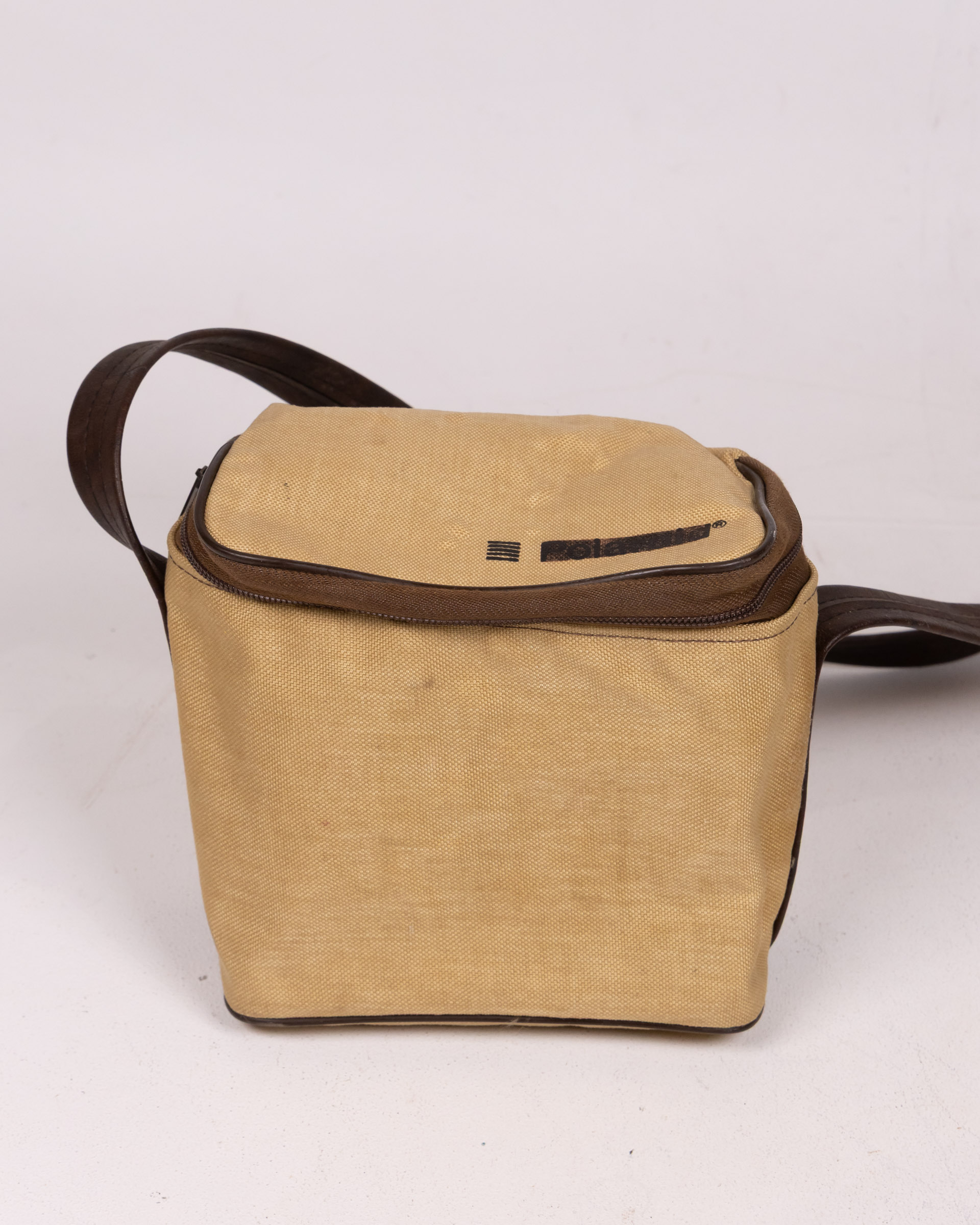 Vintage Polaroid Camera Bag Cream Canvas Brown Trim Shoulder Strap