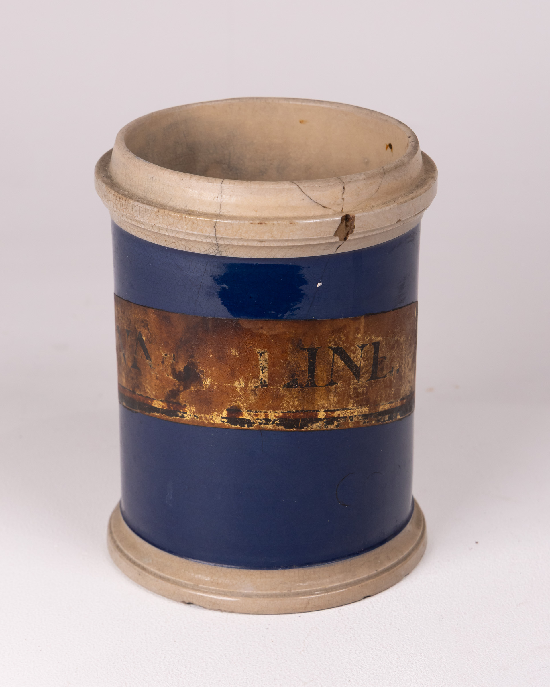 Vintage Blue Glazed Ceramic Pot Vase with Cream Rims & Label